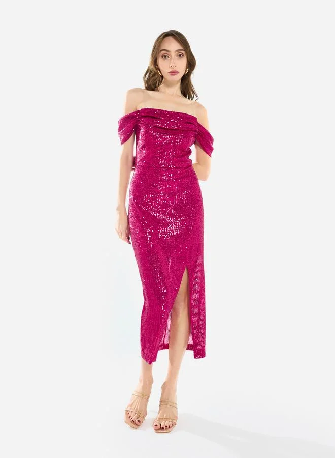 House of Moda Women Draped Sequin Midi Dress